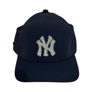 NEW  “NY” Satin-Lined Open Back Navy Nylon Rhinestone Logo Baseball Cap